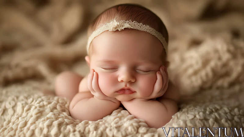 Sleeping newborn baby in cream headband and neutral tones