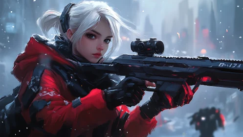 White-haired operative in red tactical gear aims precision rifle amid futuristic snowy cityscape.