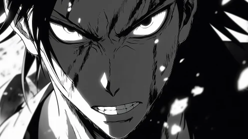 Fierce anime hero locked in a storm of focused resolve.