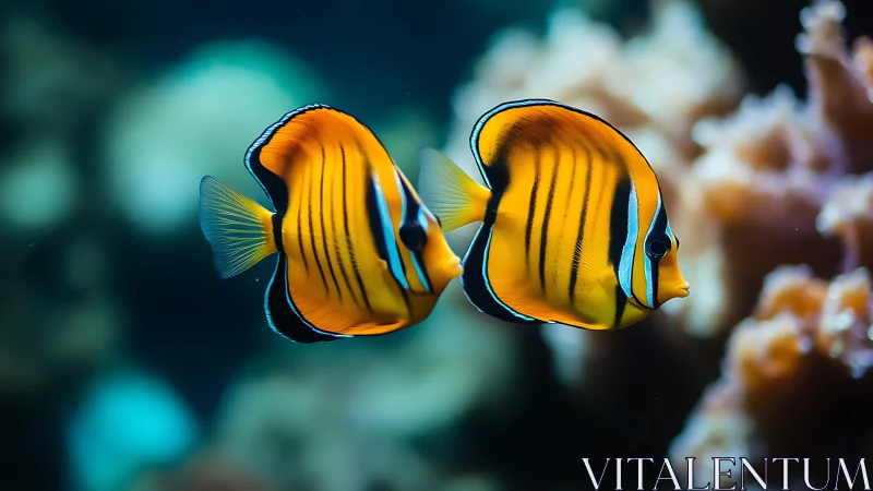Pair of striped tropical butterflyfish in coral reef habitat.