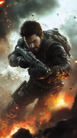 Heavily armed soldier charging through explosive battlefield.