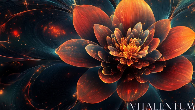 Luminous fractal flower with layered orange petals in space.