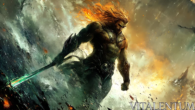 Storm-swept sea warrior strides through crashing waves.