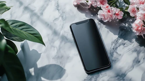 Smartphone on marble surface with botanical soft light styling.