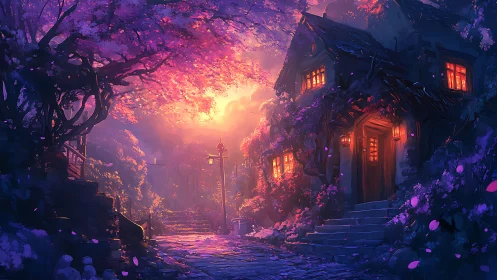 Twilight cottage glow along a dreamy blossom-lined path.
