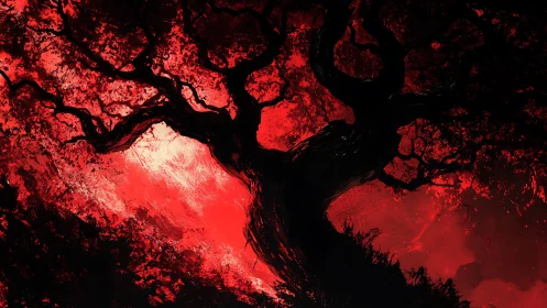 Crimson sky wraps a twisted tree in bold, haunting light
