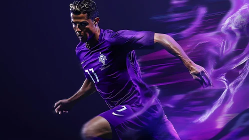 Electric footballer sprinting through vivid purple motion.
