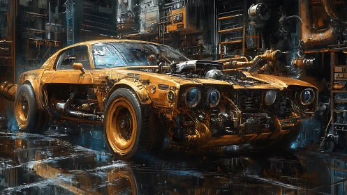 Modified muscle car is depicted in dense industrial workshop