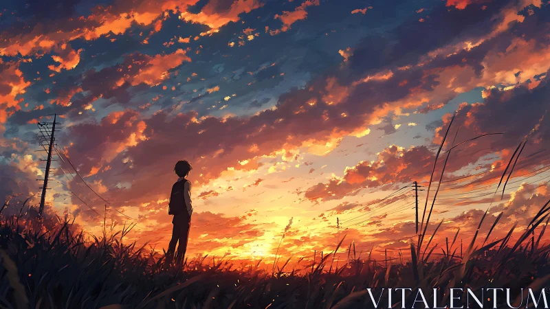 Sunset journey under blazing clouds and rural power lines.