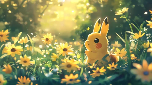 Pikachu resting in golden wildflower meadow at sunrise.