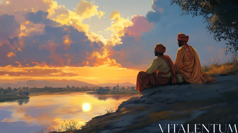 Sunset-lit riverside observers studying reflective cloud dynamics