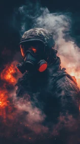 Armored soldier in gas mask stands amid infernal smoke
