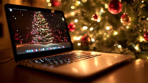 Laptop on desk with Christmas tree lights in background.
