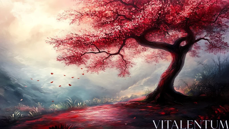 Scarlet blossom tree curves over misty valley path.