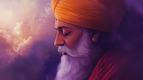 Silent saffron thinker drifts through violet-clouded dusk