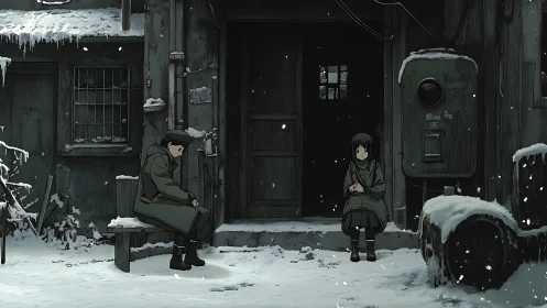 Snowbound alley doorway with two quiet anime figures.