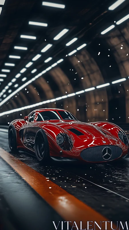 Red retro-futurist Mercedes sports car racing through tunnel.