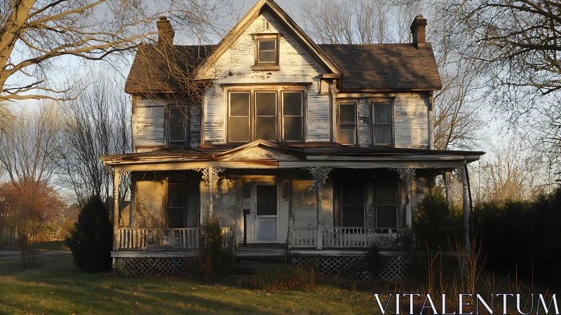 Weathered two story farmhouse with peeling white paint.
