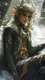Winter elf ranger rests in a quiet, snow-dusted forest glade