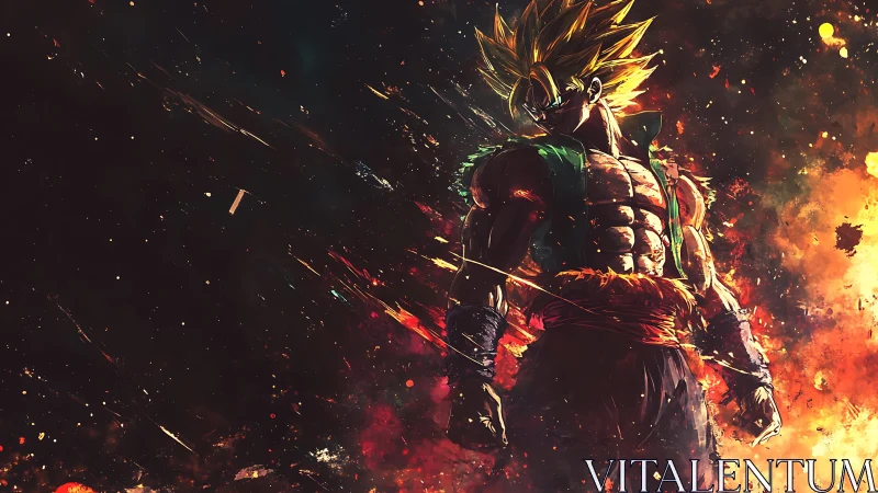 Fierce golden warrior stands blazing against a shattered sky