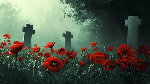 Scarlet poppies beneath tilted crosses in misty graveyard.