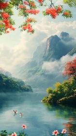 Digital landscape depicts misty mountains above calm lake