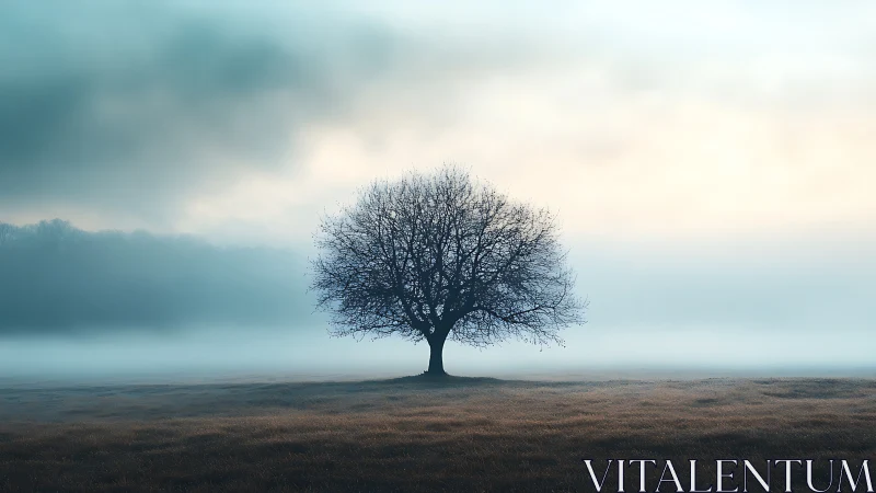Solitary tree resting quietly in a misty sunrise field.