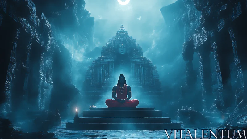 Digital painting of meditative deity in luminous stone temple.