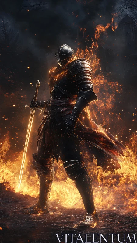 Flaming armored knight stands amid infernal battlefield blaze.