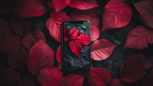 Smartphone rests amid deep red leaves in moody contrast