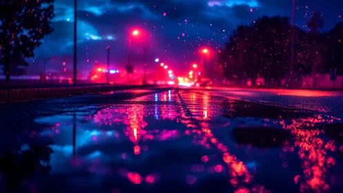 Neon rain-soaked roadway with shallow depth and reflective bokeh