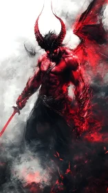 Infernal horned demon warrior wreathed in crimson smoke.