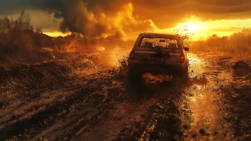 Off road vehicle crossing muddy track at sunset in backlight.