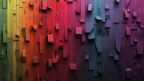 Layered rainbow panels form sculpted textured gradient wall.