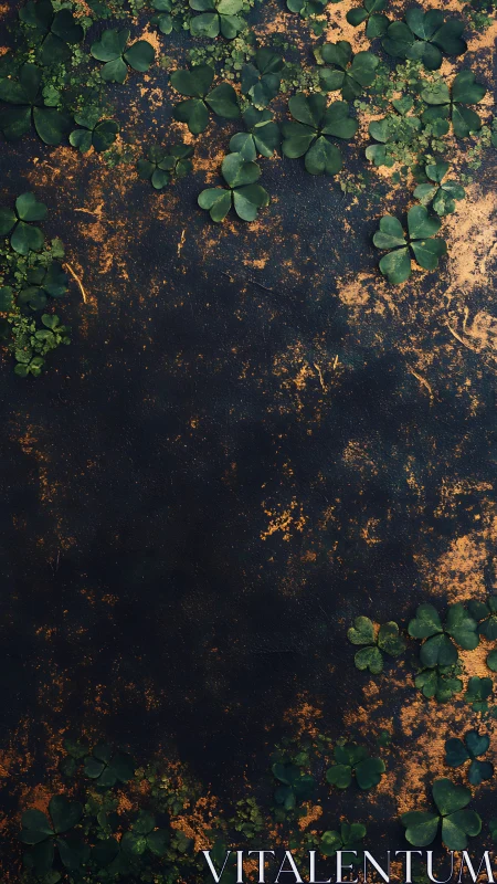 Clover foliage on dark textured ground with rust tonal specks