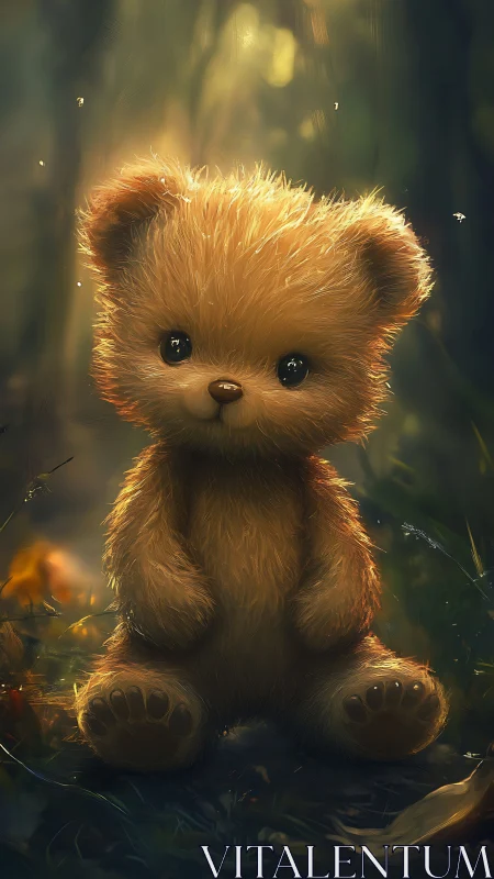 Golden forest teddy bear portrait in soft rim lighting.