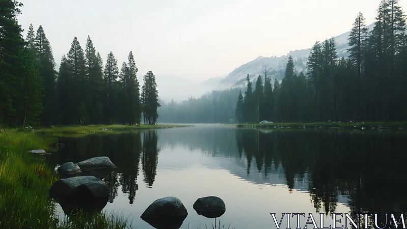 Mist-layered conifer lake with axial mirror reflections at dawn.