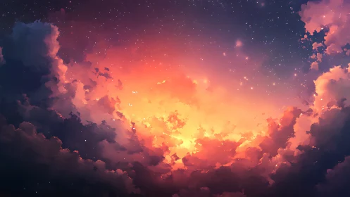 Vivid sunset sky with glowing clouds and scattered stars.