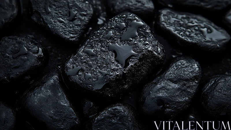 Wet black stones glisten under soft light in close-up view.