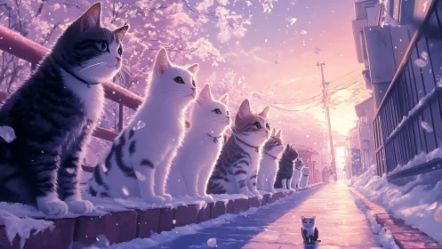 Seven Felines Hold Court Over Twilight's Purple Threshold