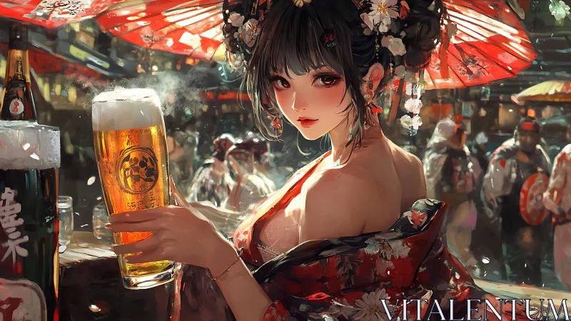 Festival night muse with crimson parasol and golden beer glow.