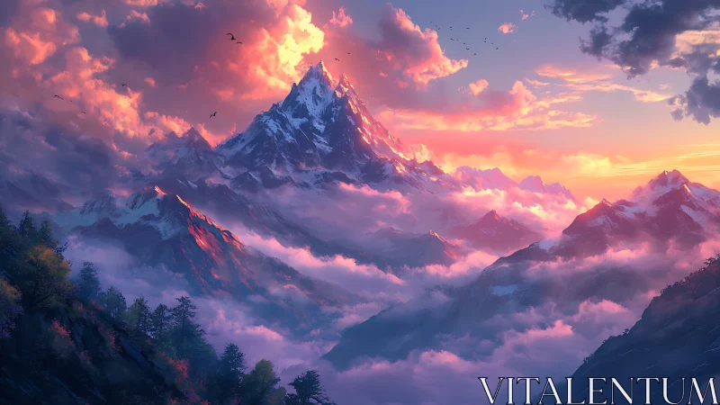 Mountain range with clouds under vivid sunset sky.
