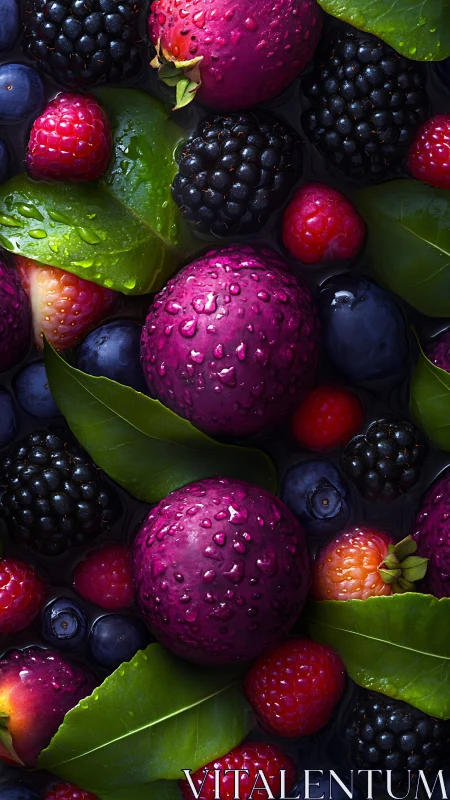 Vivid berries and plums with dewy leaves in tight macro frame.