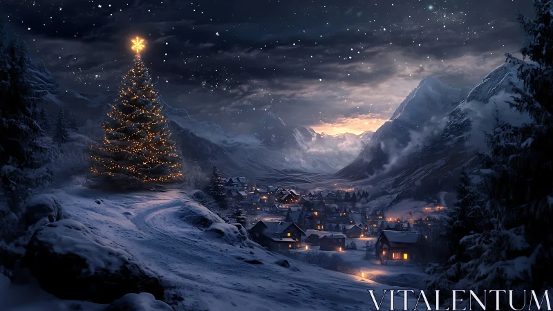 Large lit tree above snowy village in mountain valley at night.