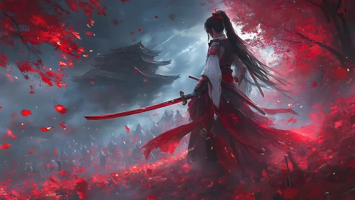 Samurai commander amid crimson leaf vortex before fortress.