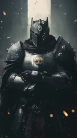 Digital painting of grim black knight in cinematic chiaroscuro armor.