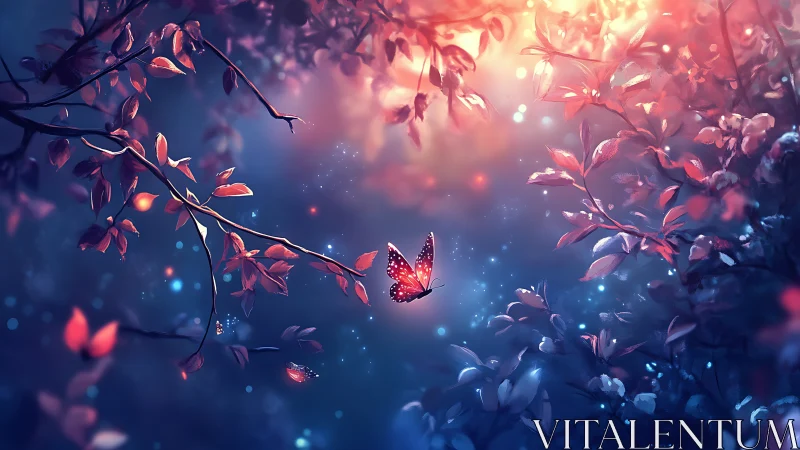 Glowing butterfly in colorful twilight forest scene.