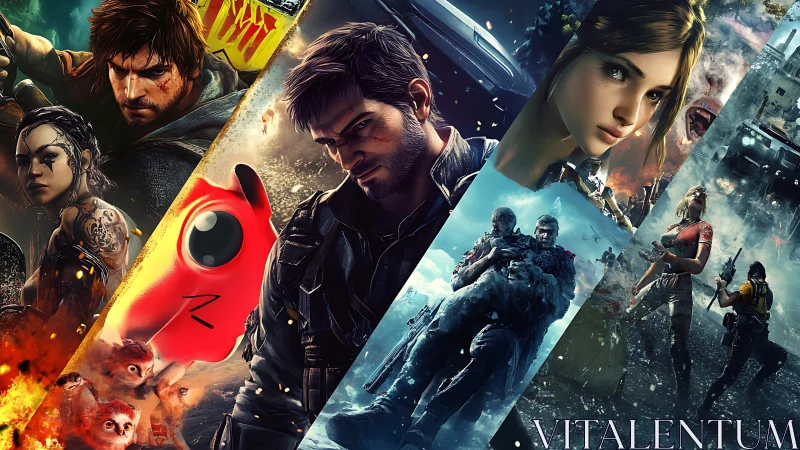 Collage of intense action game characters and scenes.