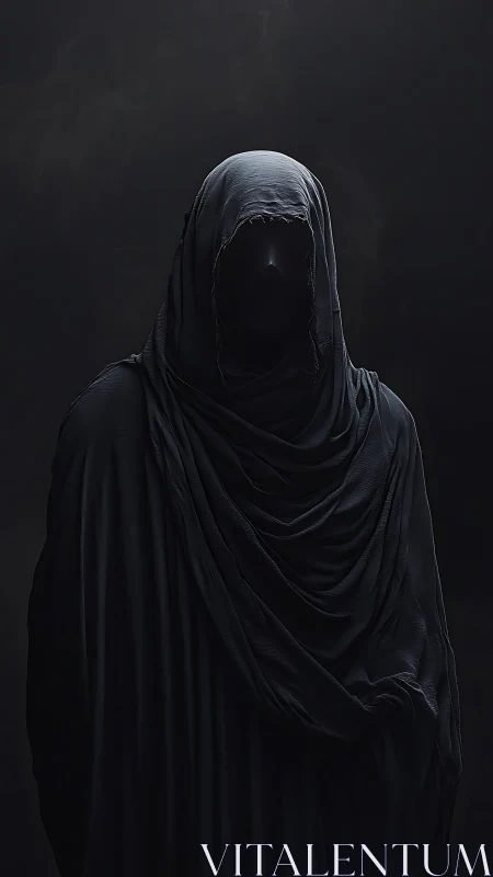 Hooded faceless figure in layered dark drapery, front view.