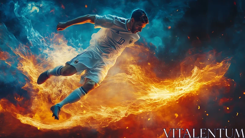 Dynamic digital painting of fiery soccer striker mid-flight.